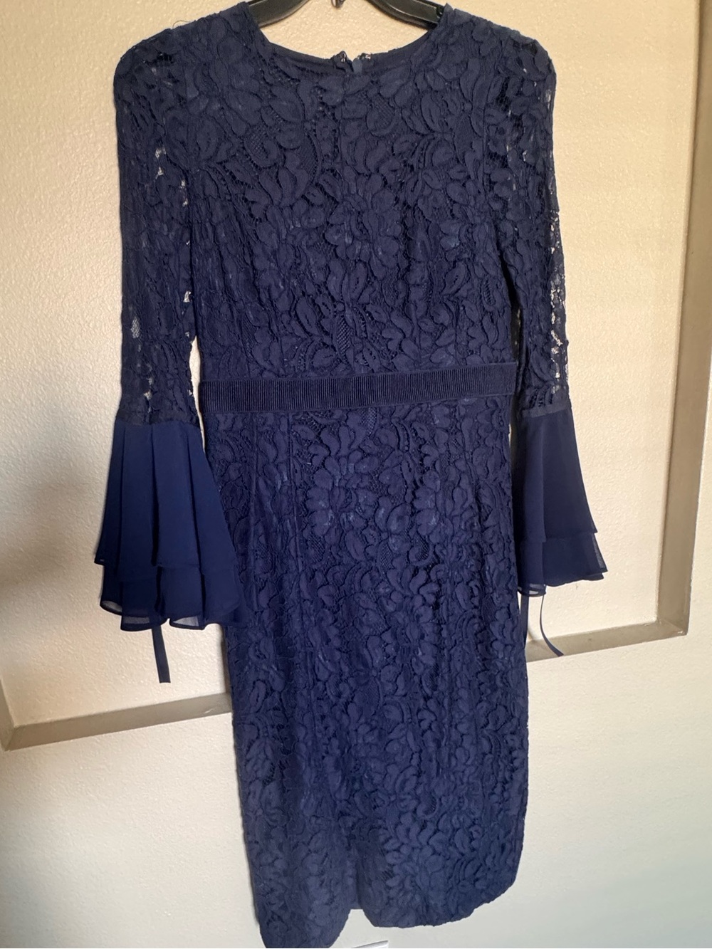 New York & Company Navy Lace Midi Dress with Tiered Bell Sleeves
